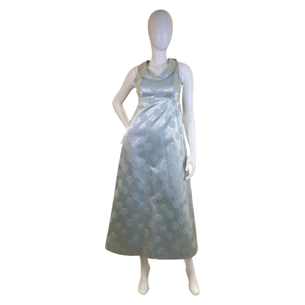 1960s Icy Blue Satin Evening Gown Empire Waist Bow Space Age Formal Dress